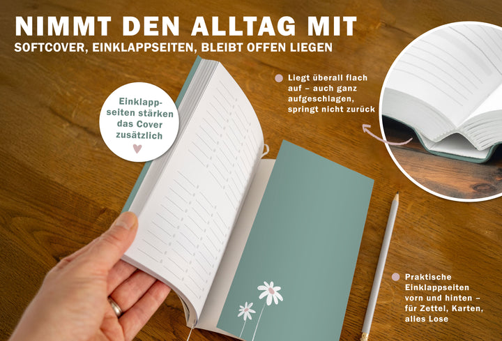 A5 Softcover Wochenplaner 2027 mit Einklappseiten, Leseband und flach aufliegender Bindung