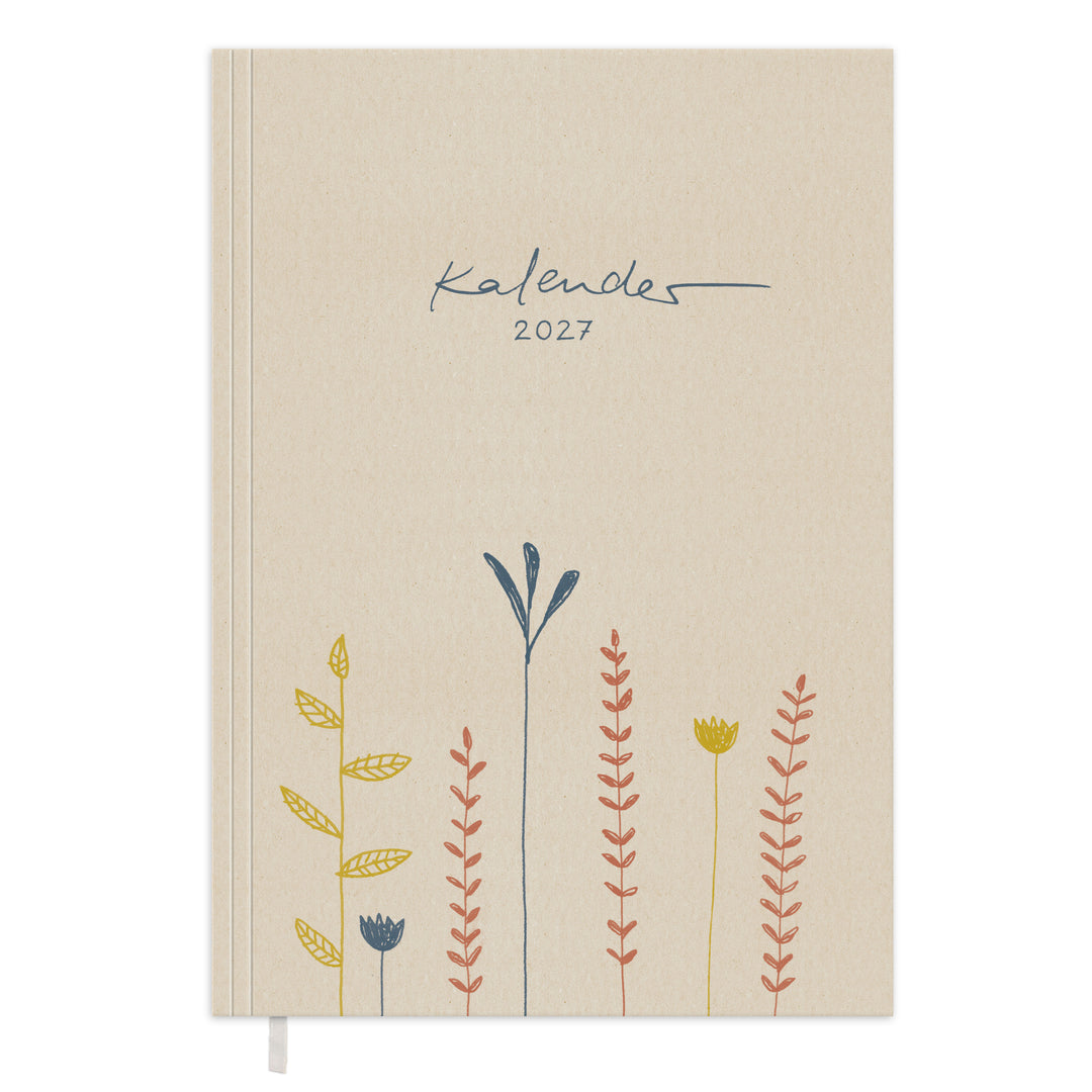 Kalender 2027 A5 Softcover in Creme mit Blumen Cover, Leseband und nachhaltigem FSC Papier