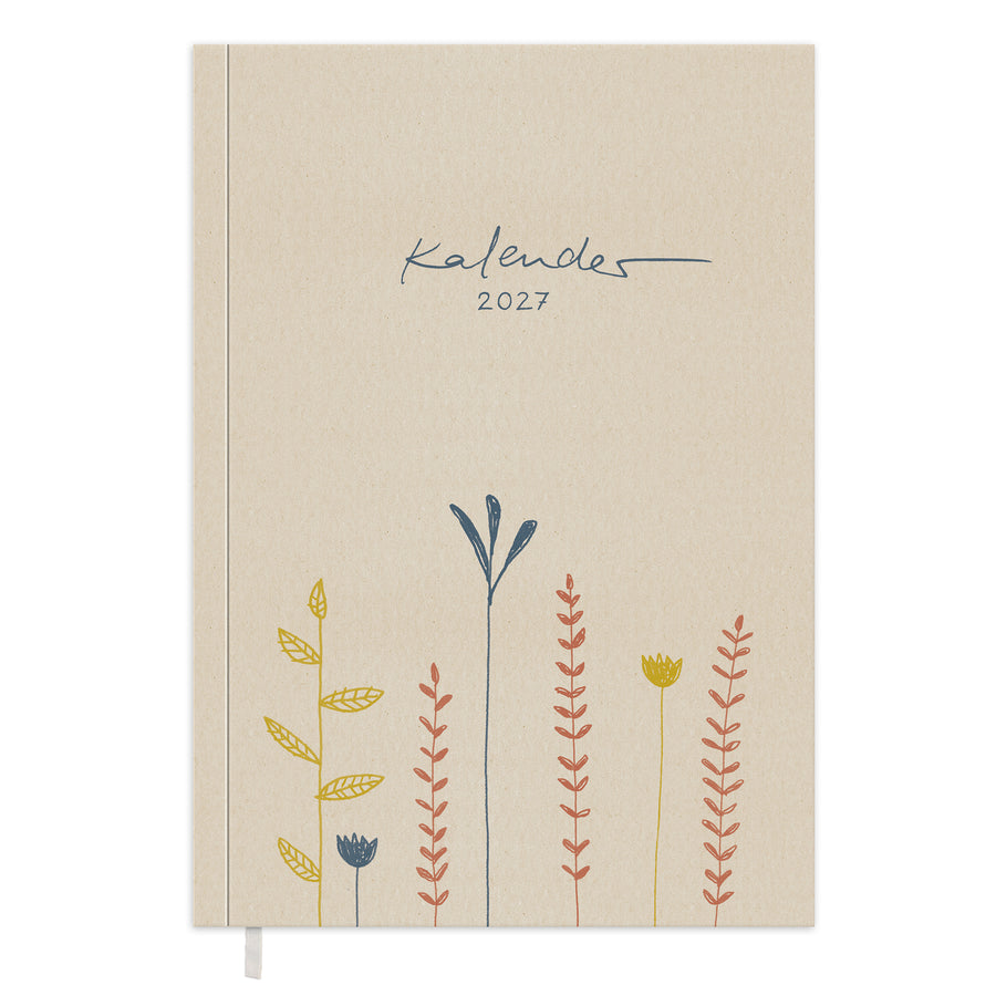 Kalender 2027 A5 Softcover in Creme mit Blumen Cover, Leseband und nachhaltigem FSC Papier