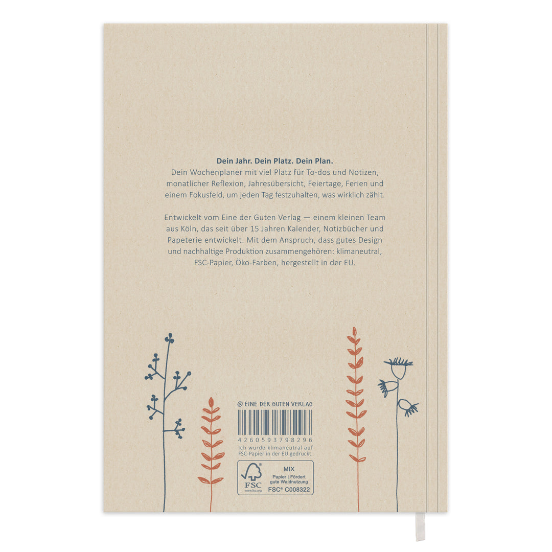 Rückseite vom Kalender 2027 A5 Softcover mit Produkttext, FSC Siegel, Barcode und Blumendeko