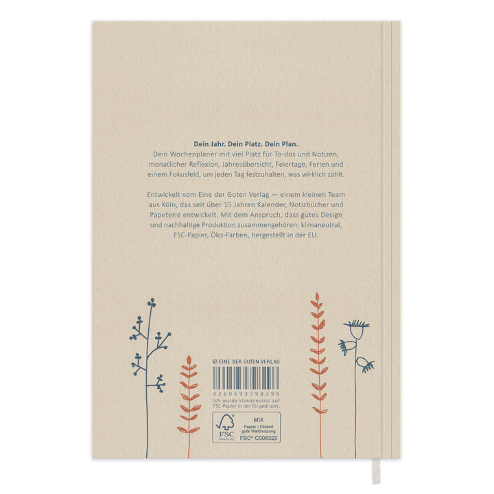 Rückseite vom Kalender 2027 A5 Softcover mit Produkttext, FSC Siegel, Barcode und Blumendeko