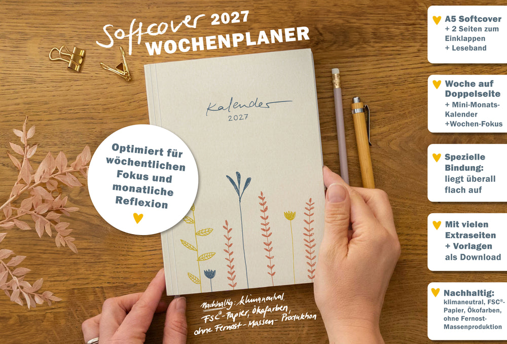 Softcover Wochenplaner 2027 A5 mit Leseband, Einklappseiten, Wochenfokus, Monatsreflexion und nachhaltiger Produktion