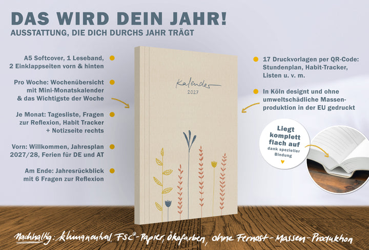 Kalender 2027 A5 Softcover mit Wochenübersicht, Monatsplanung, Jahresplan, Reflexion und Druckvorlagen per QR Code