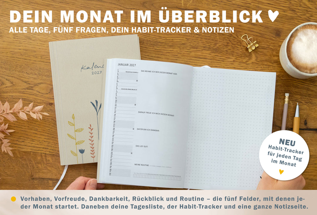 Kalender 2027 mit Monatsübersicht, Tagesliste, Reflexionsfragen, Habit Tracker und Notizseite