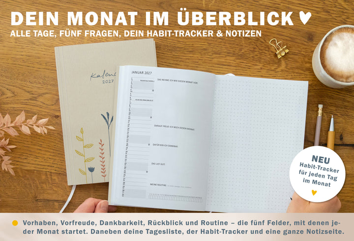 Kalender 2027 mit Monatsübersicht, Tagesliste, Reflexionsfragen, Habit Tracker und Notizseite