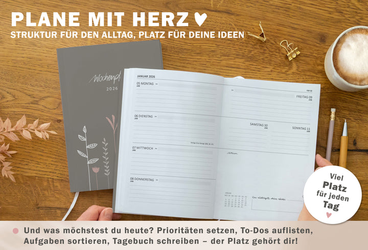 A5 Terminkalender 2026 mit blanko Seiten für Skizzen, Doodles, Bullet Journaling