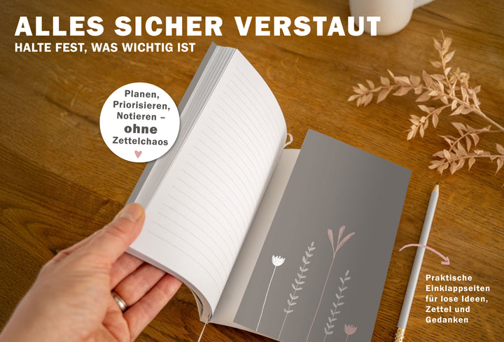 Detailansicht Wochenübersicht A5 Terminkalender 2026, weiß beige rosa