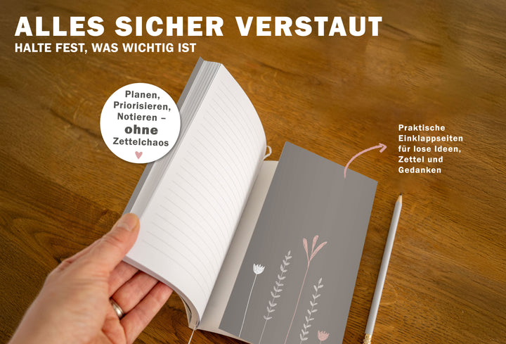 Detailansicht Wochenübersicht A5 Terminkalender 2026, weiß beige rosa