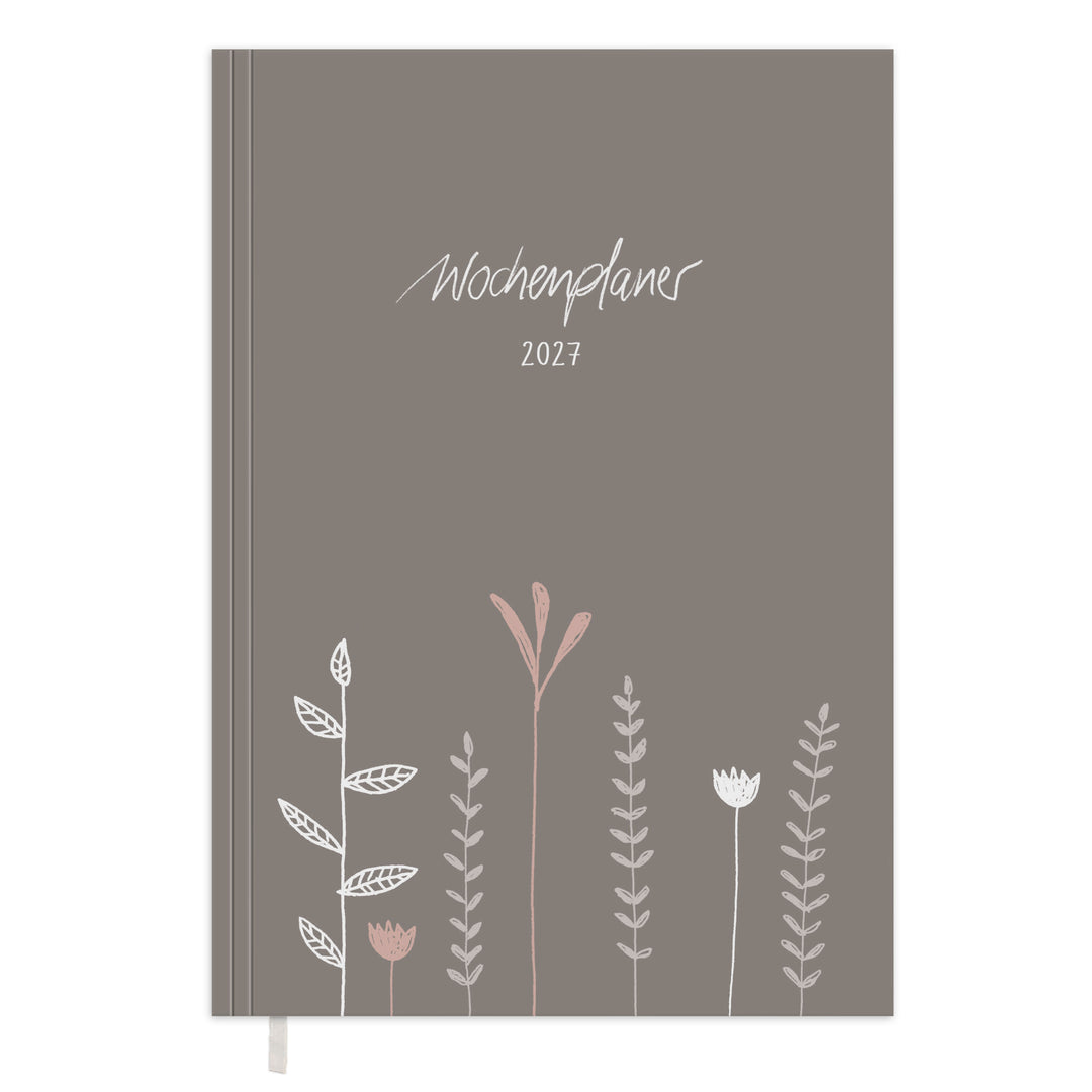 Wochenplaner 2027 A5 Softcover in Greige mit Blumen Cover, Leseband und nachhaltigem FSC Papier