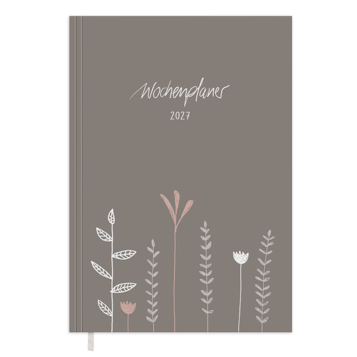 Wochenplaner 2027 A5 Softcover in Greige mit Blumen Cover, Leseband und nachhaltigem FSC Papier
