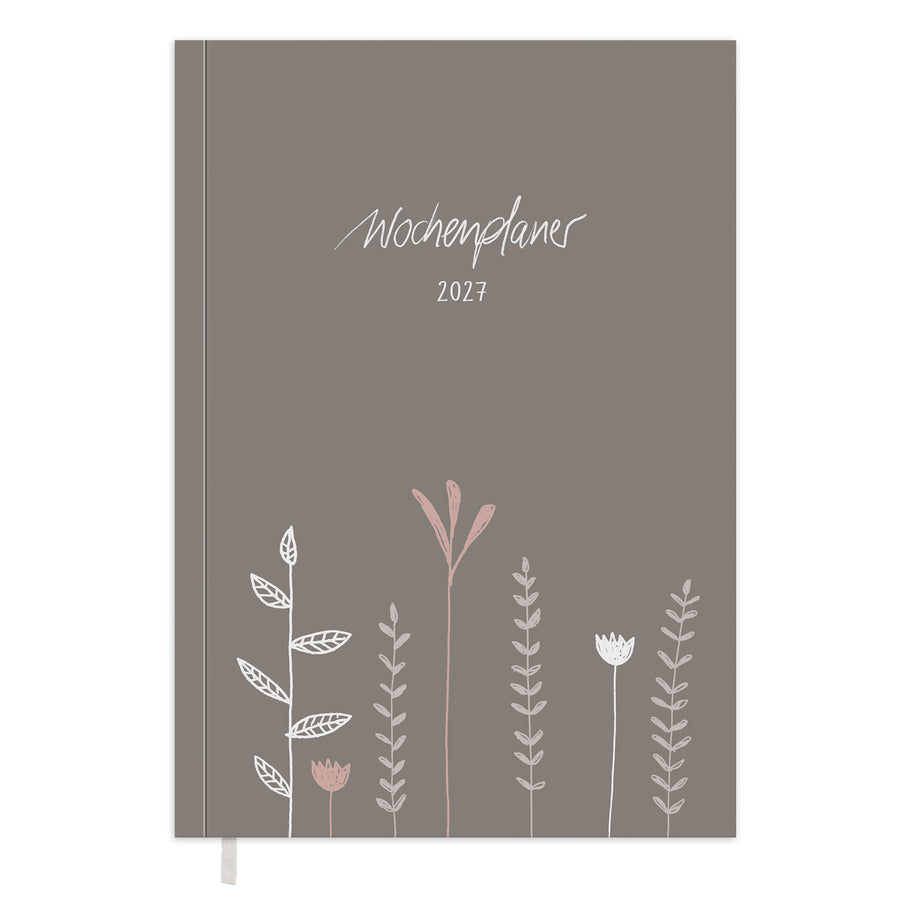 Wochenplaner 2027 A5 Softcover in Greige mit Blumen Cover, Leseband und nachhaltigem FSC Papier