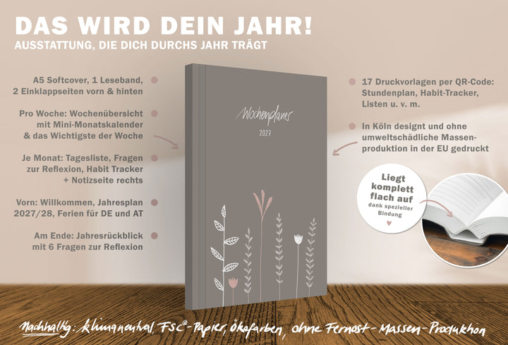 A5 Wochenplaner 2027 Softcover mit Jahresplan, Wochenübersicht, Monatsplanung, Reflexion und 17 Druckvorlagen per QR Code