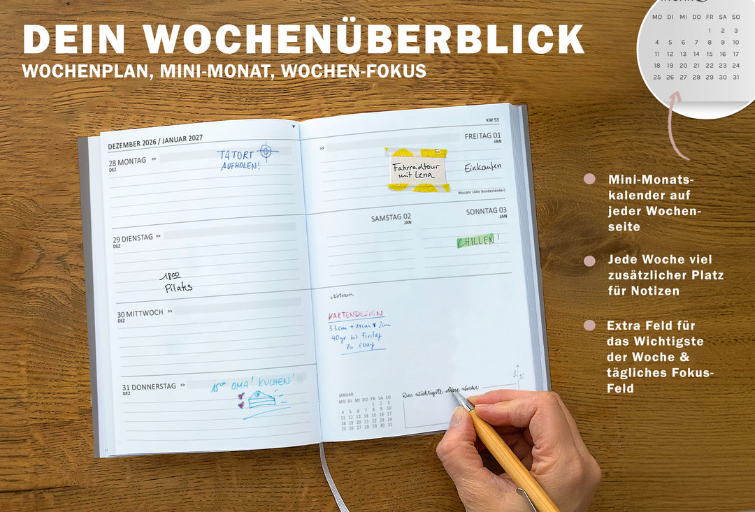 Wochenplaner 2027 mit Woche auf Doppelseite, Mini Monatskalender, Wochenfokus und zusätzlichem Platz für Notizen