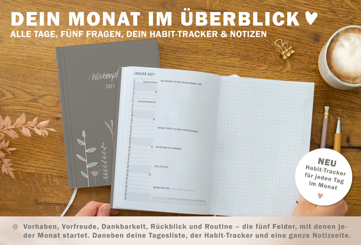 Monatsübersicht im Wochenplaner 2027 mit Tagesliste, Reflexionsfragen, Habit Tracker und großer Notizseite