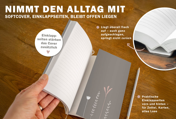 A5 Softcover Wochenplaner 2027 mit Einklappseiten, Leseband und flach aufliegender Bindung
