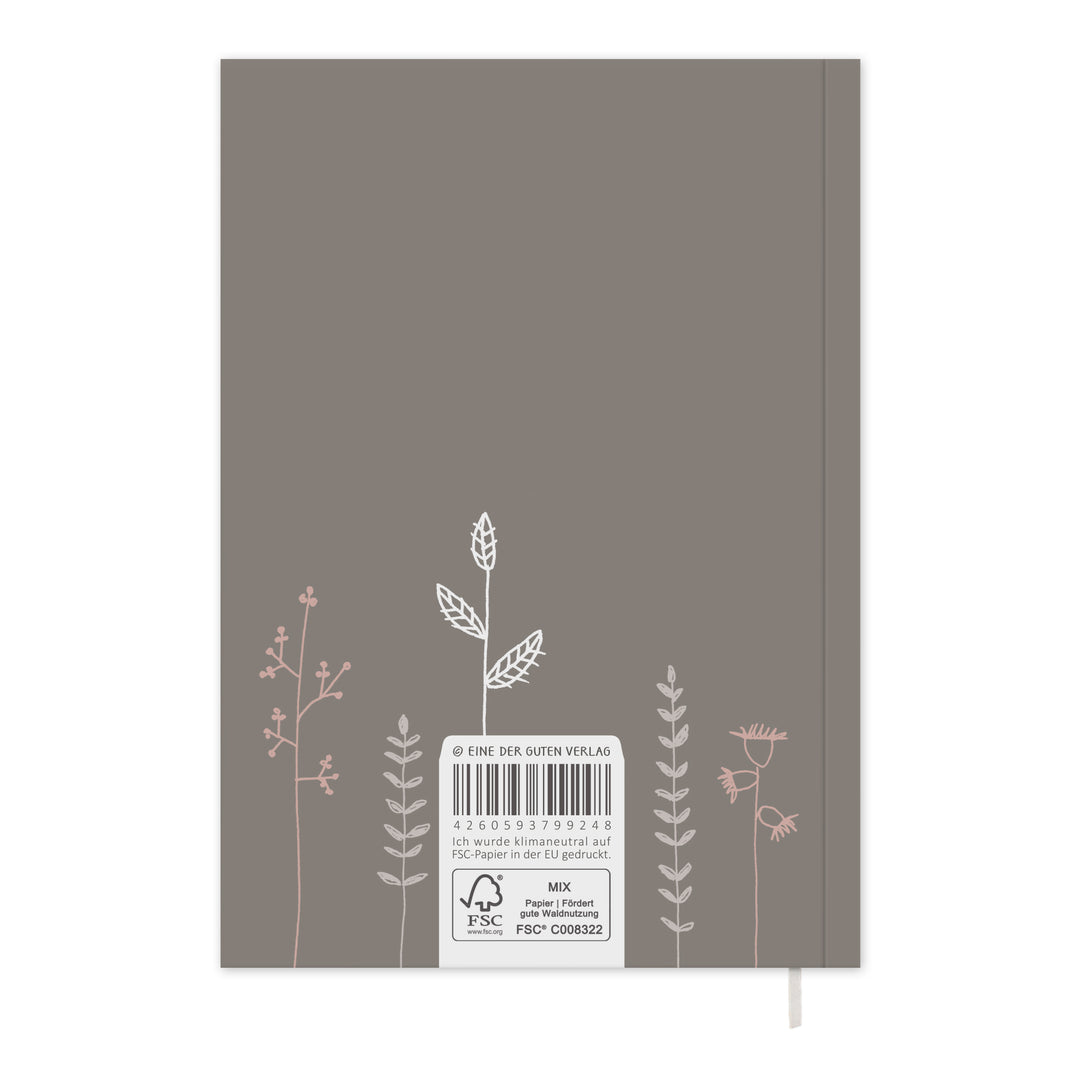 Rückseite des A5 Softcover-Lehrerkalenders mit Barcode-Label und FSC-MIX-Siegel; Text „klimaneutral auf FSC-Papier in der EU gedruckt“ sichtbar, rosa Pflanzen