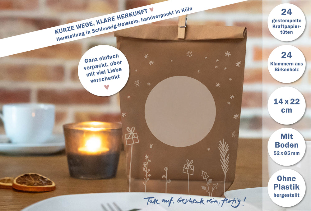 Adventstüte mit weißem Kreis und Holzklammer auf einem Tisch mit Teelicht, dazu Angaben zu Herkunft, Format und Inhalt