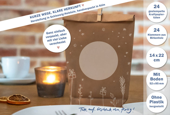 Adventstüte mit weißem Kreis und Holzklammer auf einem Tisch mit Teelicht, dazu Angaben zu Herkunft, Format und Inhalt
