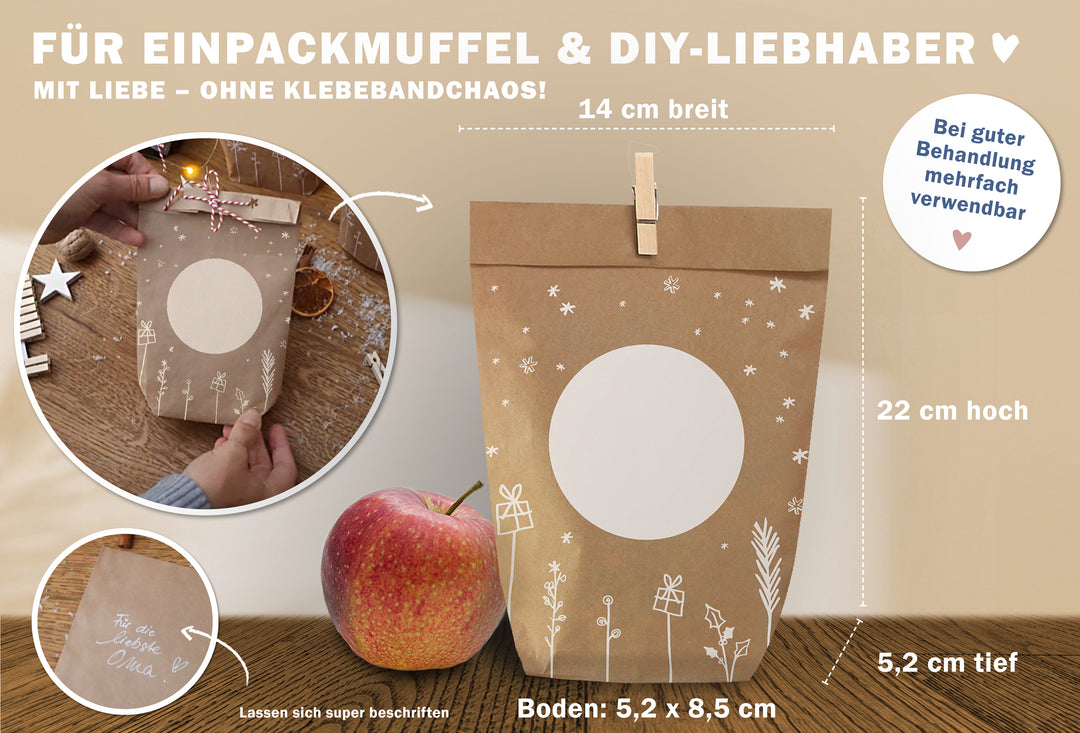 Adventstüte mit weißem Kreis neben einem Apfel, 14 cm breit und 22 cm hoch, im kleinen Bild wird eine Tüte zugebunden