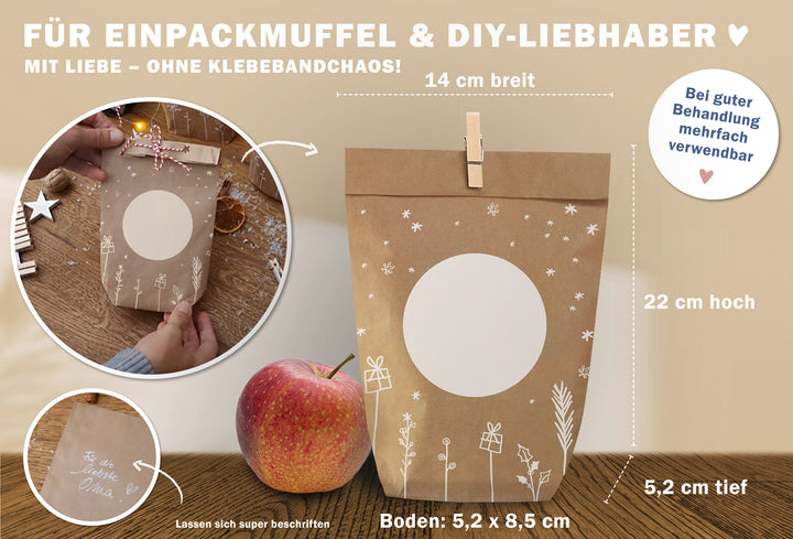 Adventstüte mit weißem Kreis neben einem Apfel, 14 cm breit und 22 cm hoch, im kleinen Bild wird eine Tüte zugebunden