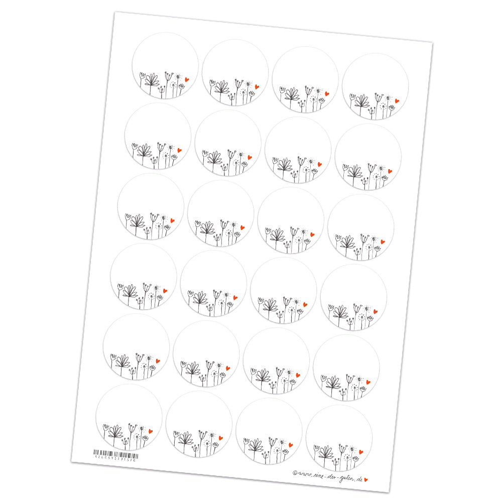 Runde Aufkleber zum Beschriften | für Marmelade, Hochzeit Gastgeschenke | 24 blanko Freitext Sticker | DIY Bleistift Design, Weiß Grau mit Blumen
