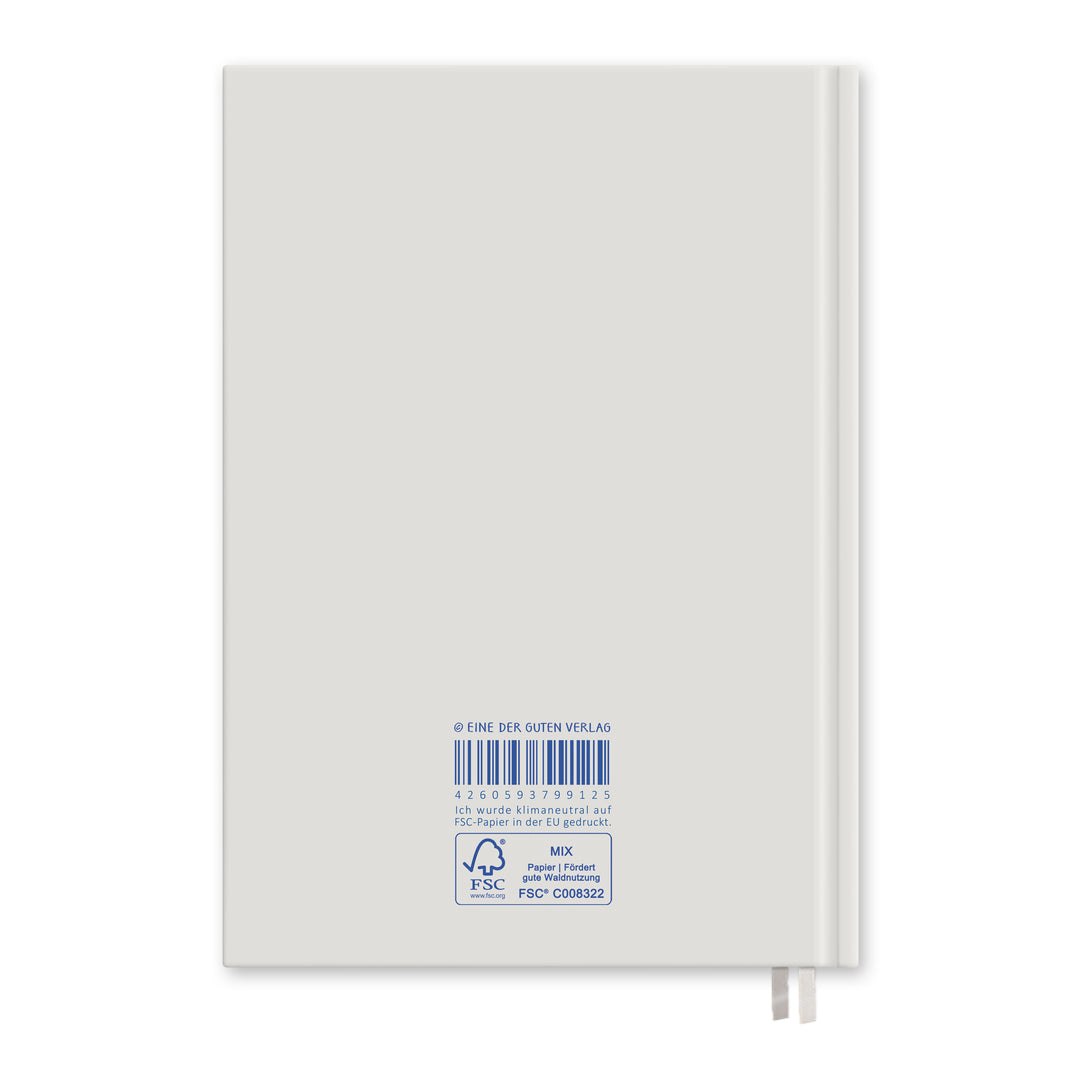 Rückseite des A5 Hardcovers mit Barcode, FSC-MIX-Siegel und Text „Ich wurde klimaneutral auf FSC-Papier in der EU gedruckt“; zwei Lesebänder sichtbar