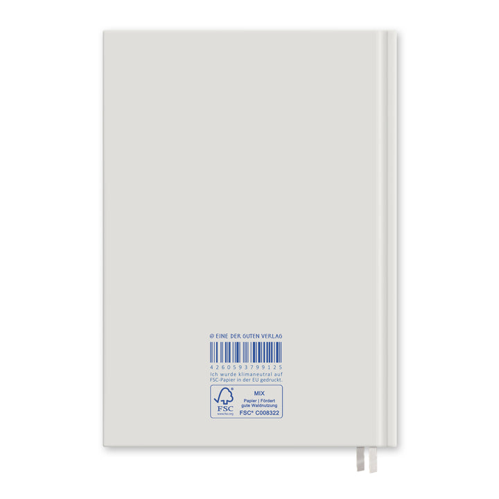 Rückseite des A5 Hardcovers mit Barcode, FSC-MIX-Siegel und Text „Ich wurde klimaneutral auf FSC-Papier in der EU gedruckt“; zwei Lesebänder sichtbar