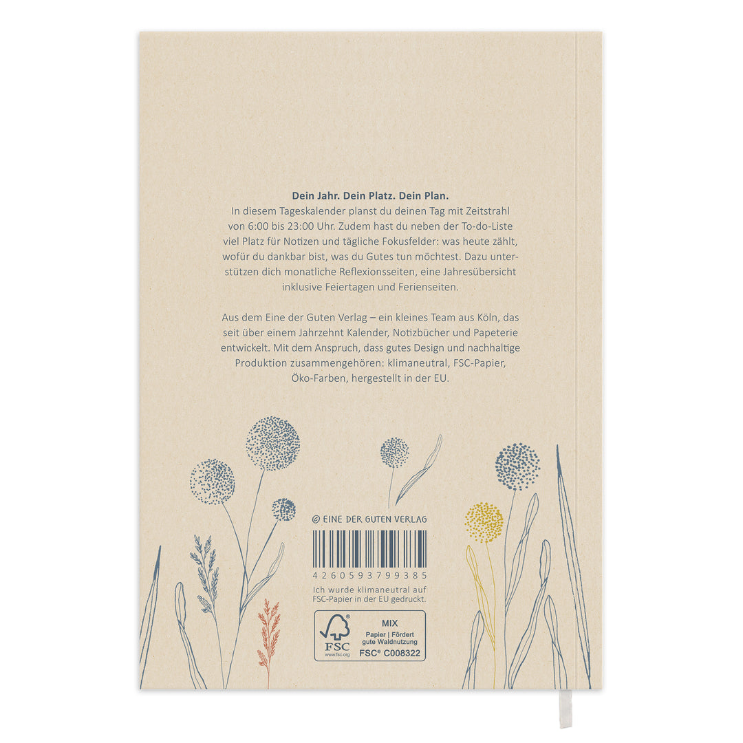 Rückseite vom Tagesplaner 2027 A5 Softcover in Creme mit FSC Siegel, Produkttext und Kugelblumen Illustrationen
