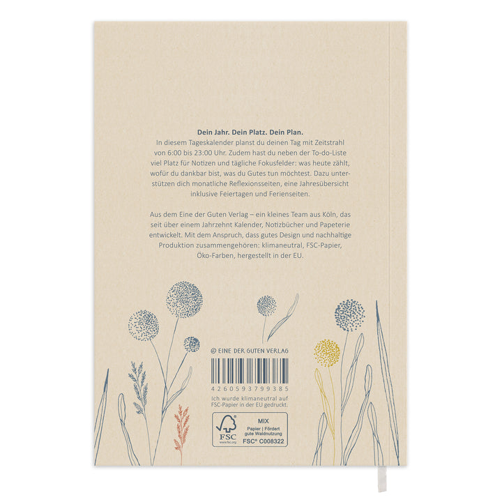 Rückseite vom Tagesplaner 2027 A5 Softcover in Creme mit FSC Siegel, Produkttext und Kugelblumen Illustrationen