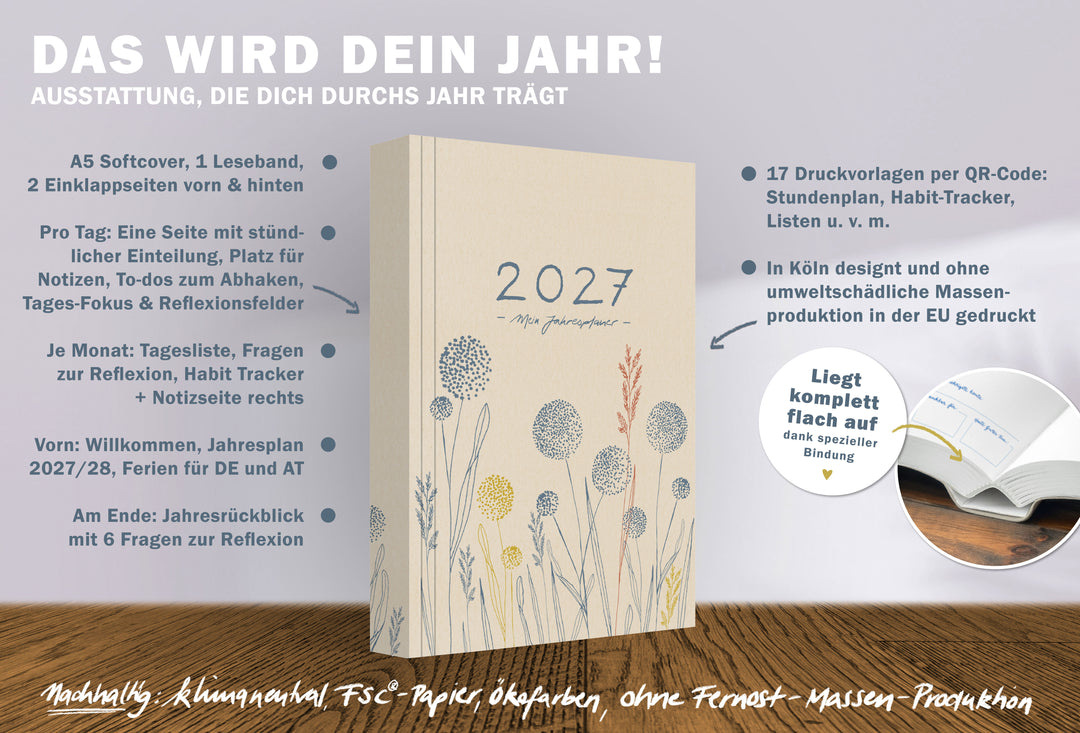A5 Tagesplaner 2027 Softcover mit Tagesseiten, Jahresplan, Monatsübersicht, Habit Tracker, Reflexion und 17 Druckvorlagen per QR Code