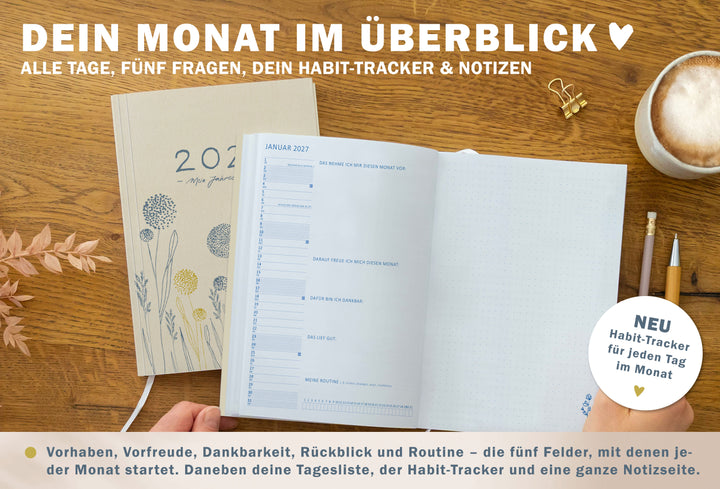 Monatsübersicht im Tagesplaner 2027 mit Tagesliste, fünf Reflexionsfragen, Habit Tracker und großer Notizseite