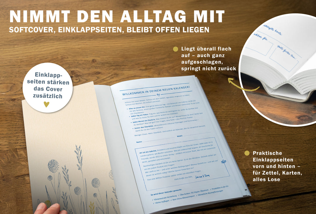 A5 Softcover Tagesplaner 2027 mit Einklappseiten, Leseband und flach aufliegender Bindung