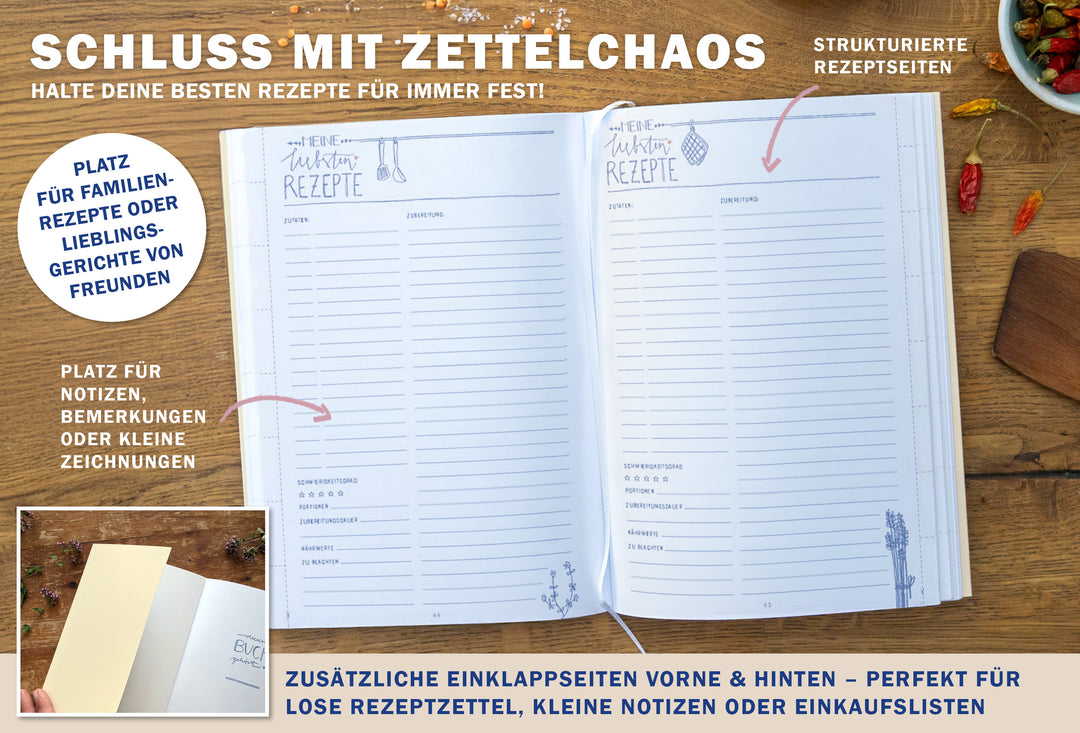 Rezeptbuch A5 zum Selberschreiben - Meine liebsten Rezepte | DIY Kochbuch, Backbuch, Geschenkidee | Gelb Blau Rosa Küchen Design, FSC Papier, Softcover