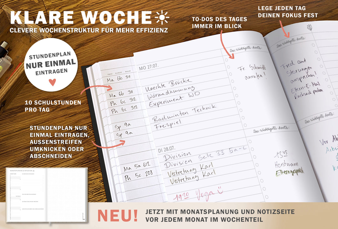 Lehrerkalender 2025 2026 | A4 Lehrerplaner für Unterrichtsvorbereitung & Schuljahr Planung | 1 Doppelseite pro Woche | klimaneutral, Schwarz Weiß