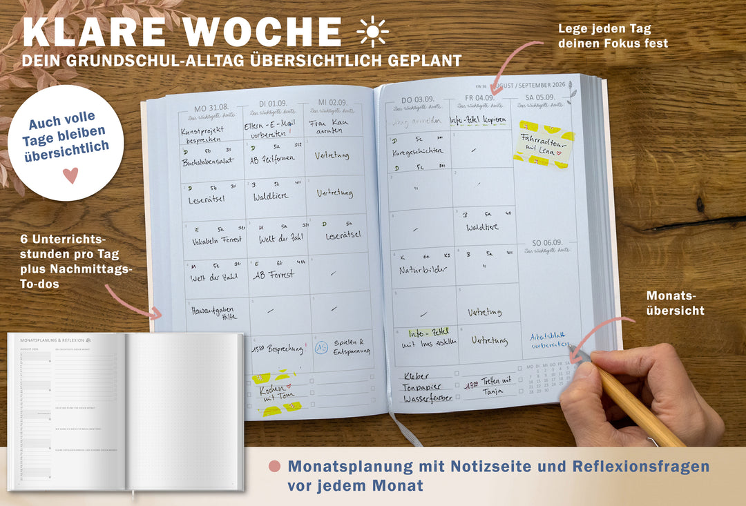 Wochen-Doppelseite im A5 Grundschulplaner 2026/27 mit 6 Unterrichtsstunden, Nachmittags-To-dos und Fokusfeld
