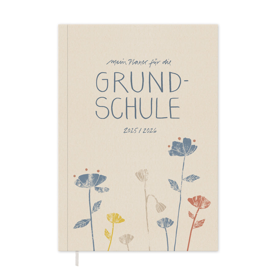 Lehrerkalender 2025 2026 | A5 Grundschulplaner Softcover für Schuljahr Planung | 1 Doppelseite pro Woche | klimaneutral, creme blau