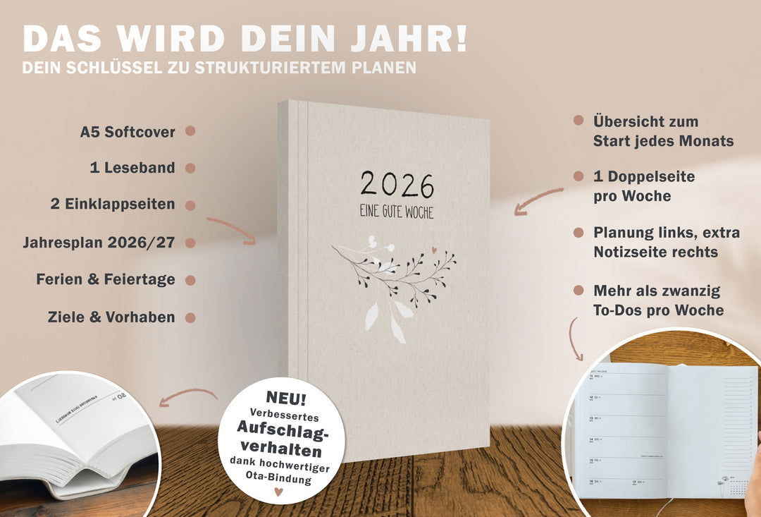 Detailansicht Wochenübersicht A5 Terminkalender 2023, beige rosa weiß