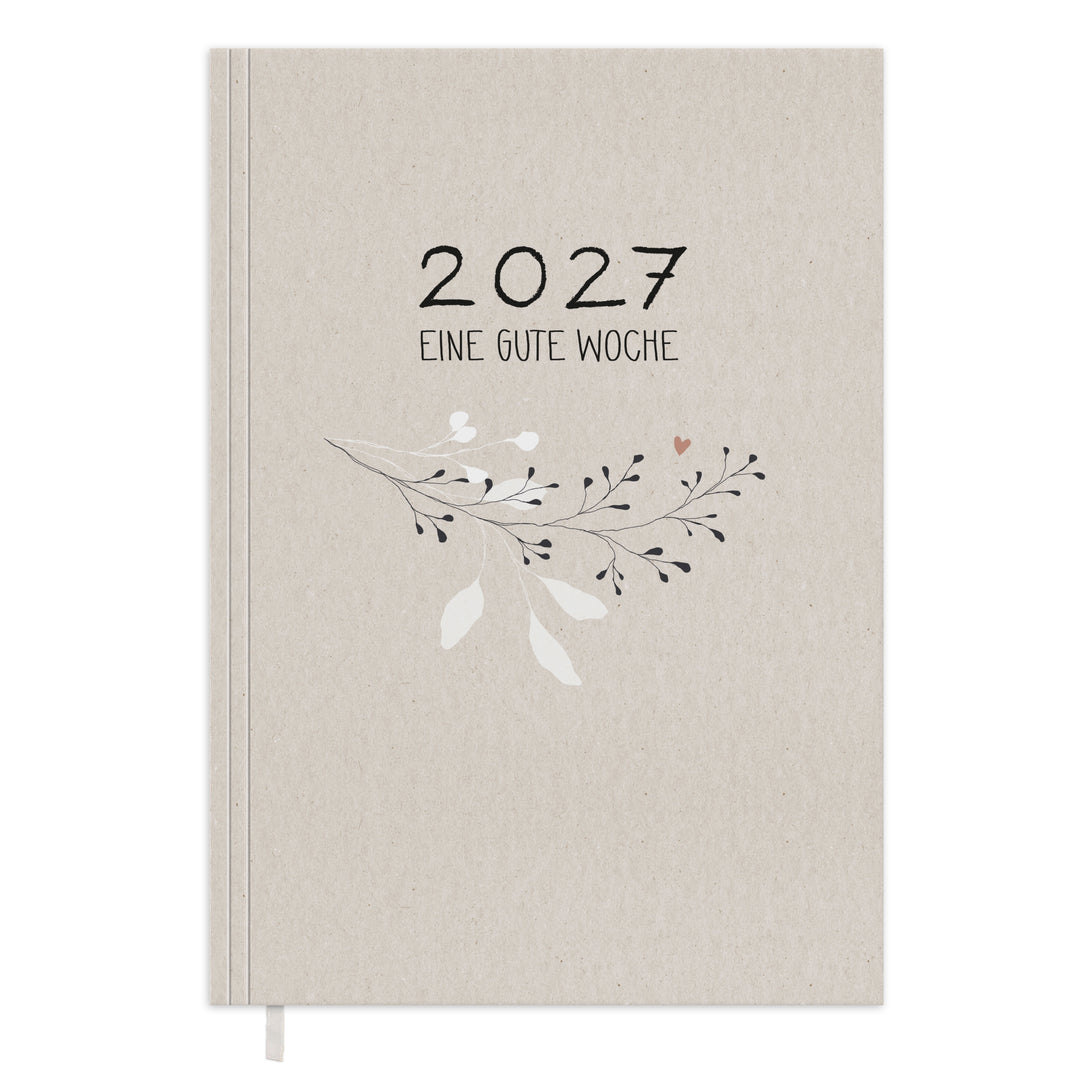 Wochenplaner 2027 A5 Softcover in Creme Greige mit floralem Bouquet Cover, Leseband und nachhaltigem FSC Papier