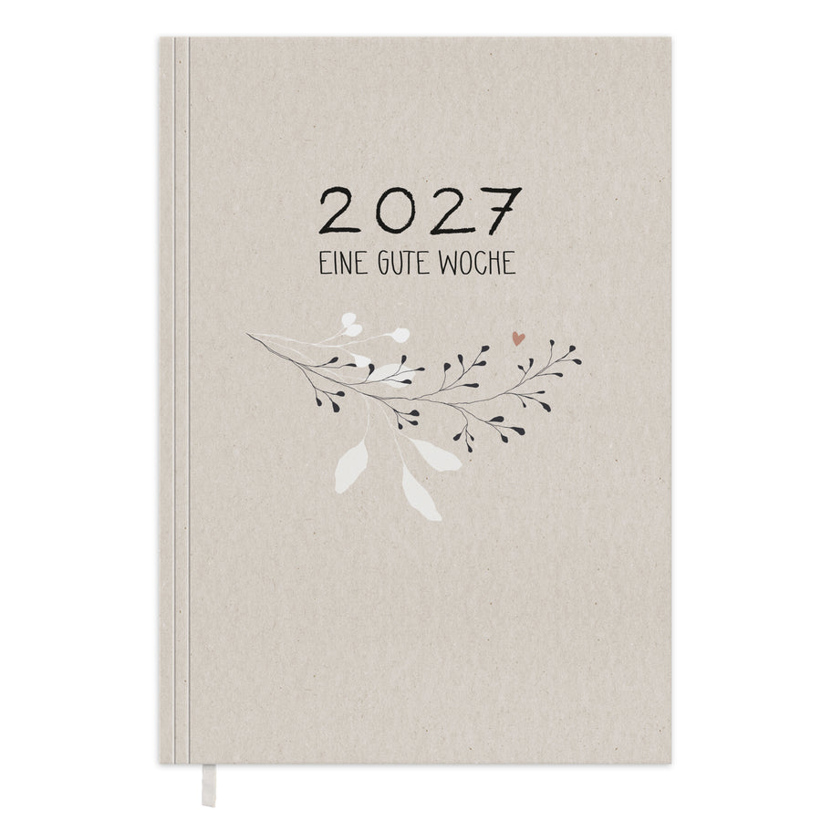 Wochenplaner 2027 A5 Softcover in Creme Greige mit floralem Bouquet Cover, Leseband und nachhaltigem FSC Papier