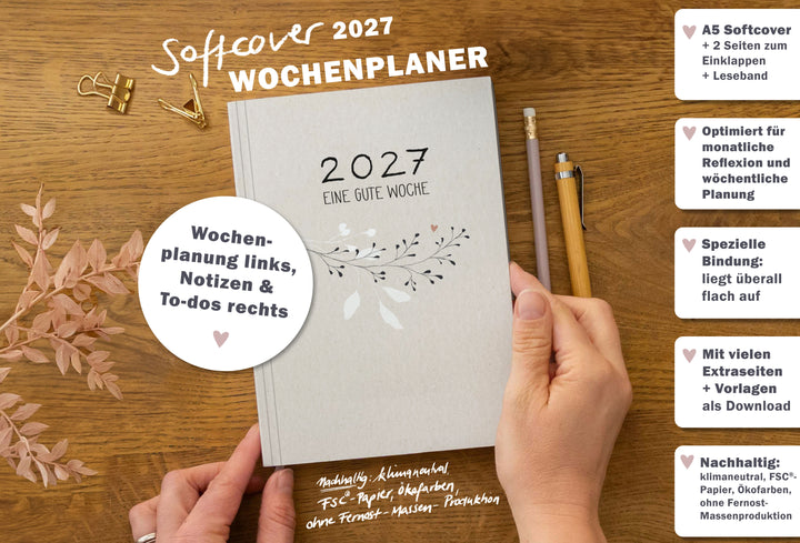Softcover Wochenplaner 2027 A5 mit Leseband, Einklappseiten, Wochenplanung, Monatsreflexion und nachhaltiger Produktion