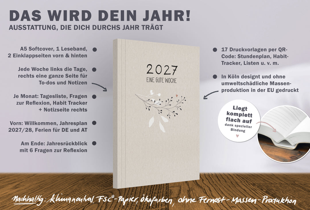 A5 Wochenplaner 2027 Softcover mit Jahresplan, Wochenübersicht, Monatsplanung, Habit Tracker, Reflexion und Druckvorlagen per QR Code