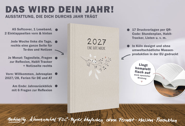 A5 Wochenplaner 2027 Softcover mit Jahresplan, Wochenübersicht, Monatsplanung, Habit Tracker, Reflexion und Druckvorlagen per QR Code