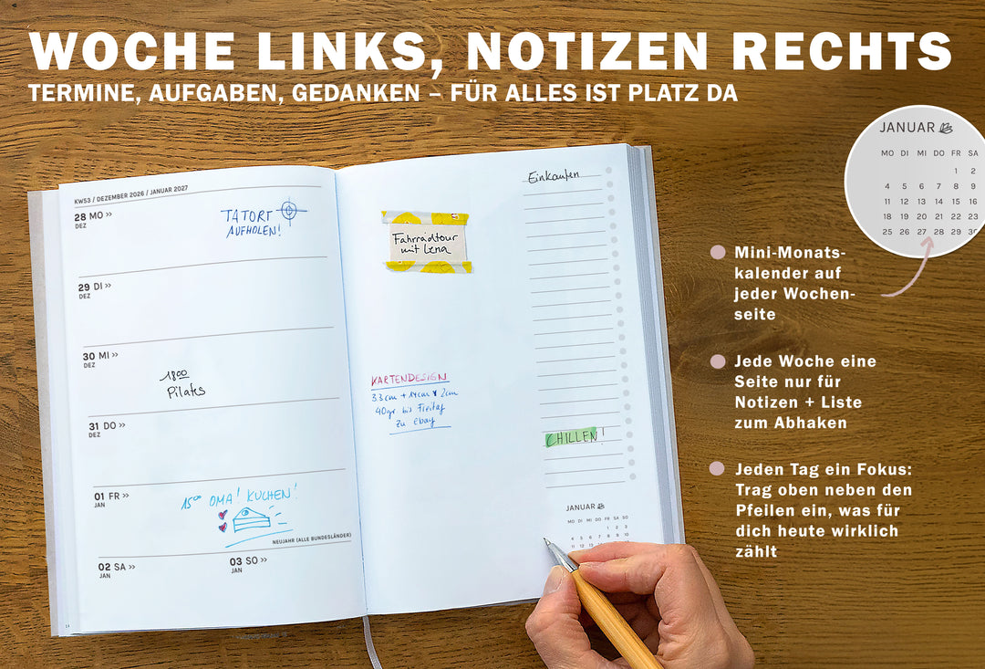 Wochenplaner 2027 mit Woche links, Notizseite rechts, Mini Monatskalender, To do Liste und Tagesfokus