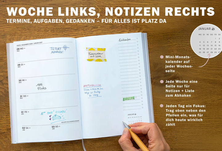 Wochenplaner 2027 mit Woche links, Notizseite rechts, Mini Monatskalender, To do Liste und Tagesfokus