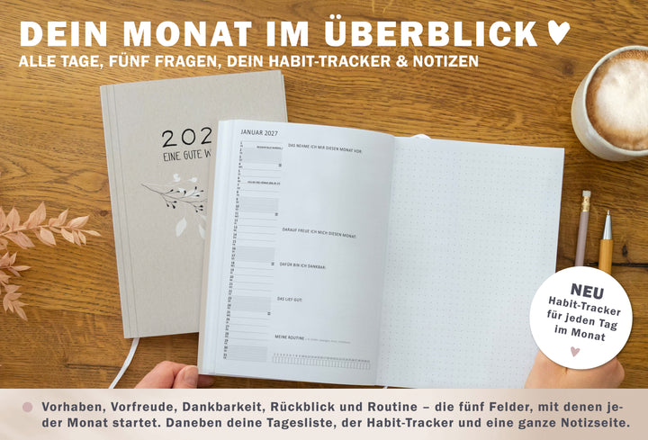 Monatsübersicht im Wochenplaner 2027 mit Tagesliste, fünf Reflexionsfragen, Habit Tracker und großer Notizseite