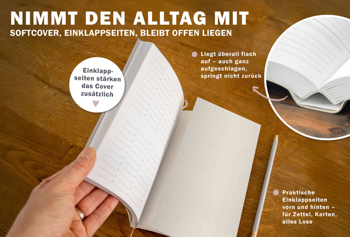 A5 Softcover Wochenplaner 2027 mit Einklappseiten, Leseband und flach aufliegender Bindung