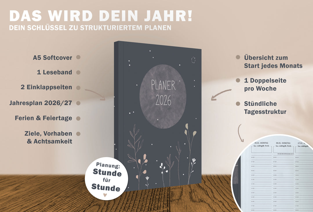 A5 Terminkalender 2026 mit blanko Seiten gepunktet für Skizzen, Doodles, Bullet Journaling
