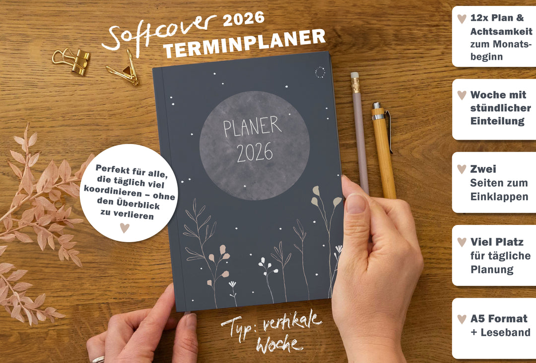 A5 Terminkalender 2026 blau weiß beige mit blanko Seiten liniert für Notizen & Ideen