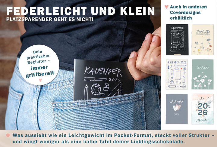 A6 Terminkalender - Kalender 2026 | mini Monatsplaner & Notizbuch | kleiner Taschenkalender | Weiß Petrol