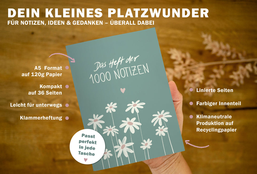 Notizheft A5 mintgrün mit Blumen und Titel für tägliche Listen